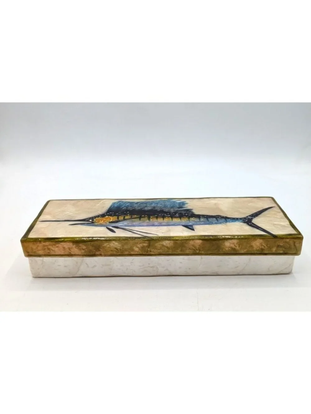 Vintage Hand Painted Swordfish Capiz Shell Long Trinket Box Philippines 9